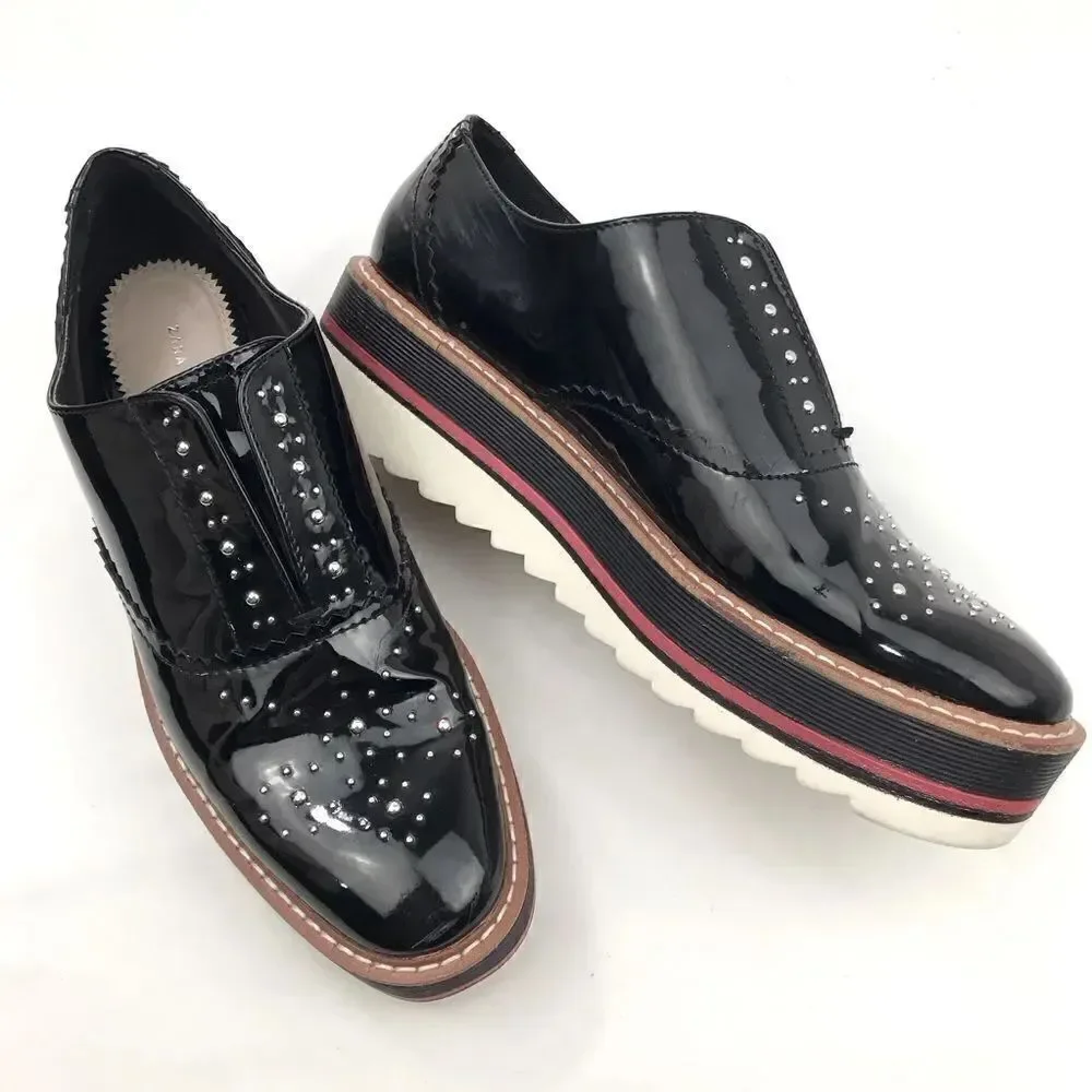 Zara Woman Black Patent Leather Silver Studded Platform Oxford Sneakers